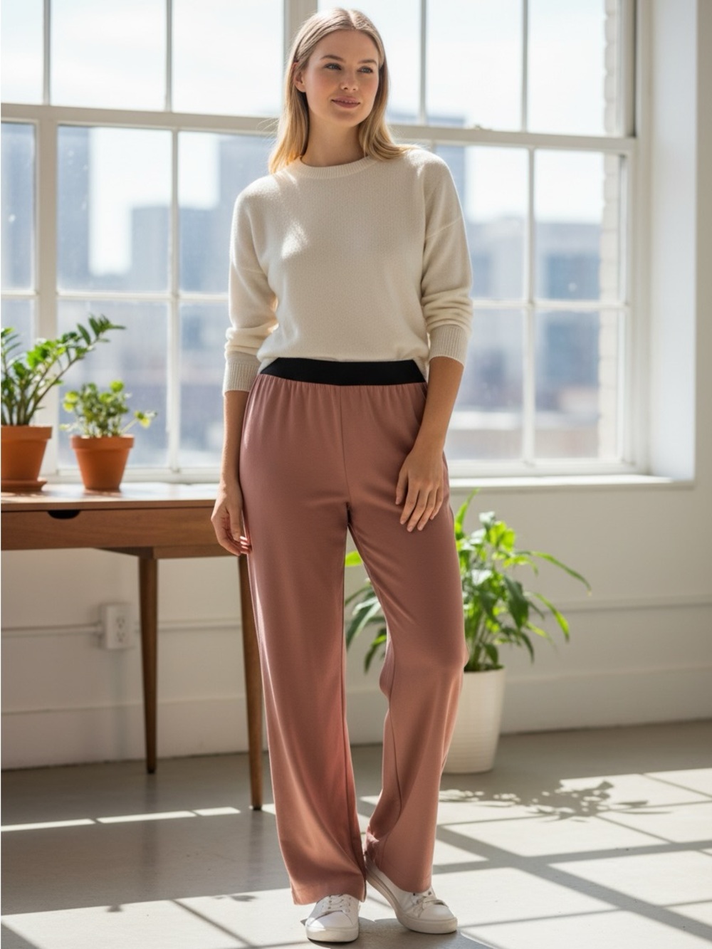 a new day Wide-Leg Lounge Pants in Dusty Rose with Black Waistband